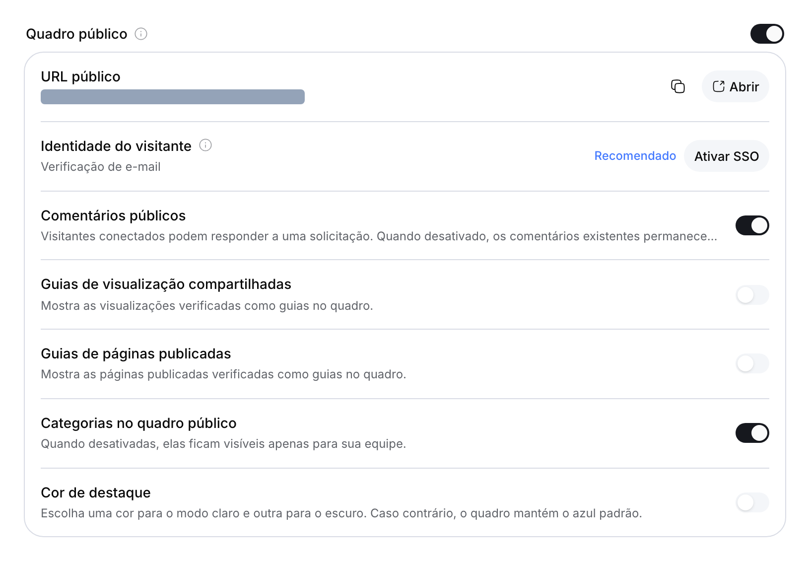 Mural público de feedback ativado, com identidade dos visitantes por código de e-mail, a ação Ativar SSO e URL oculta.