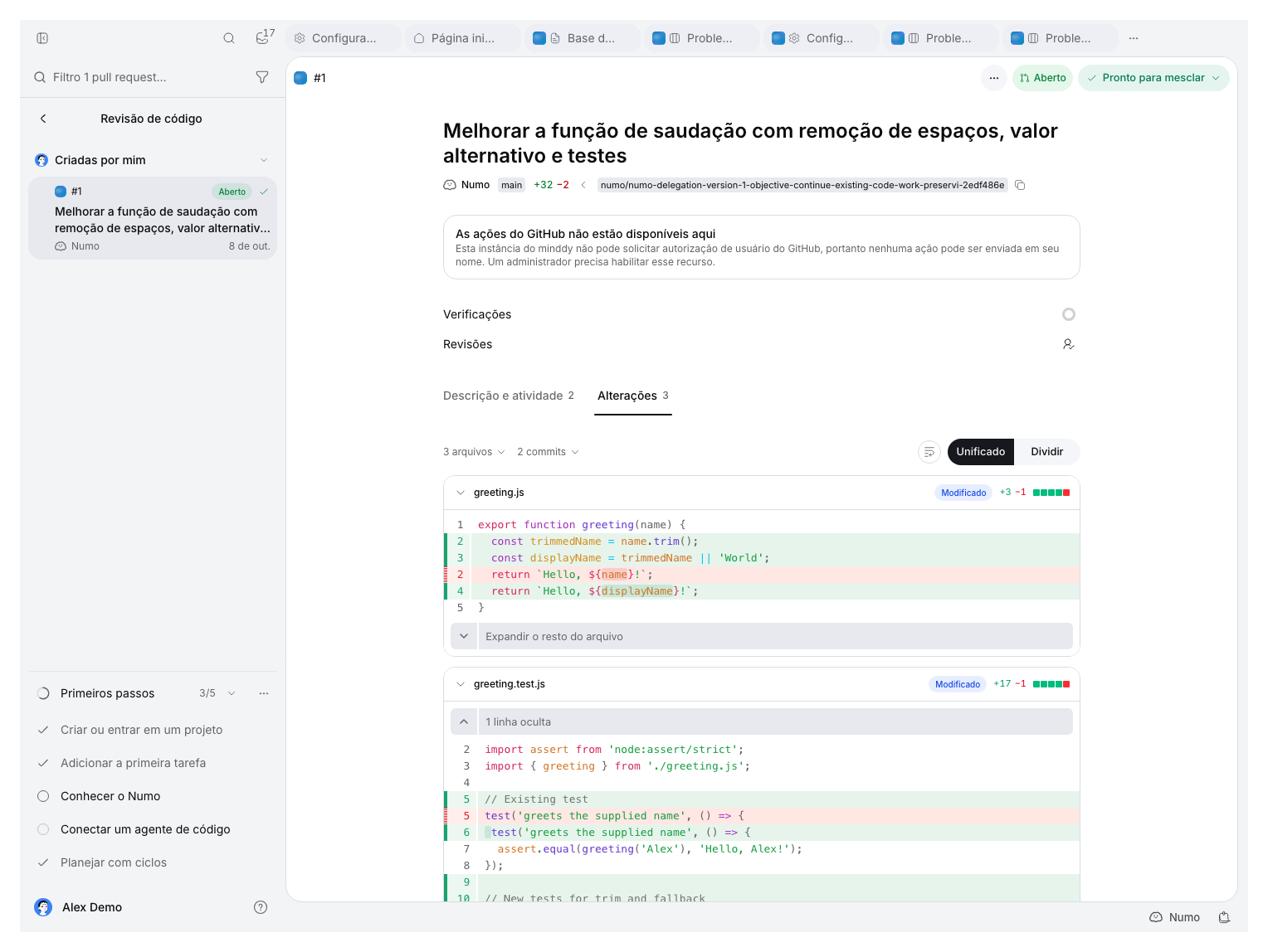 Aba Alterações do PR de demonstração aberto, com o diff de greeting e um aviso de autorização do GitHub indisponível.