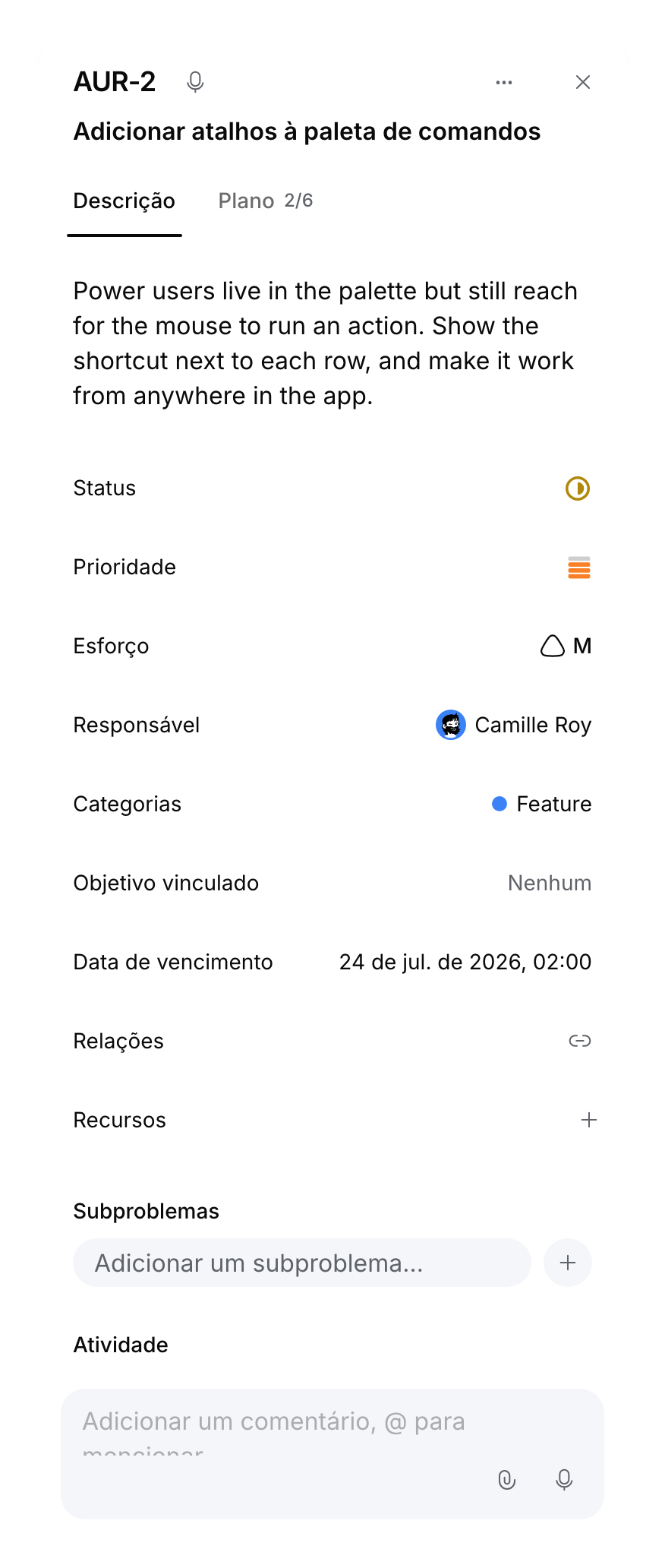 Painel móvel de uma tarefa com título, descrição, propriedades e campo de comentário.