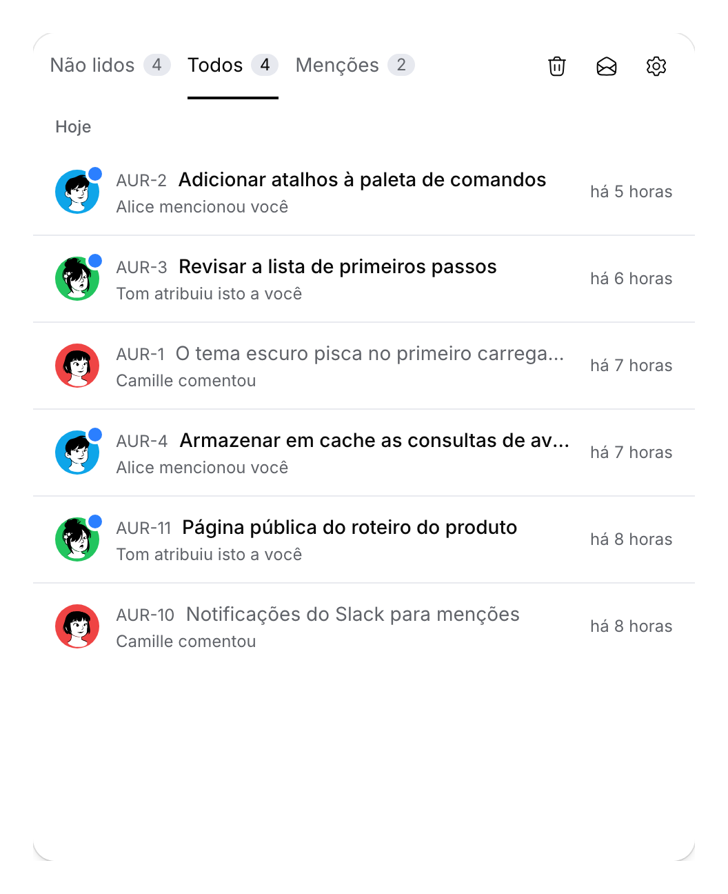 Caixa de entrada com menções, atribuições e comentários de demonstração, lidos e não lidos.