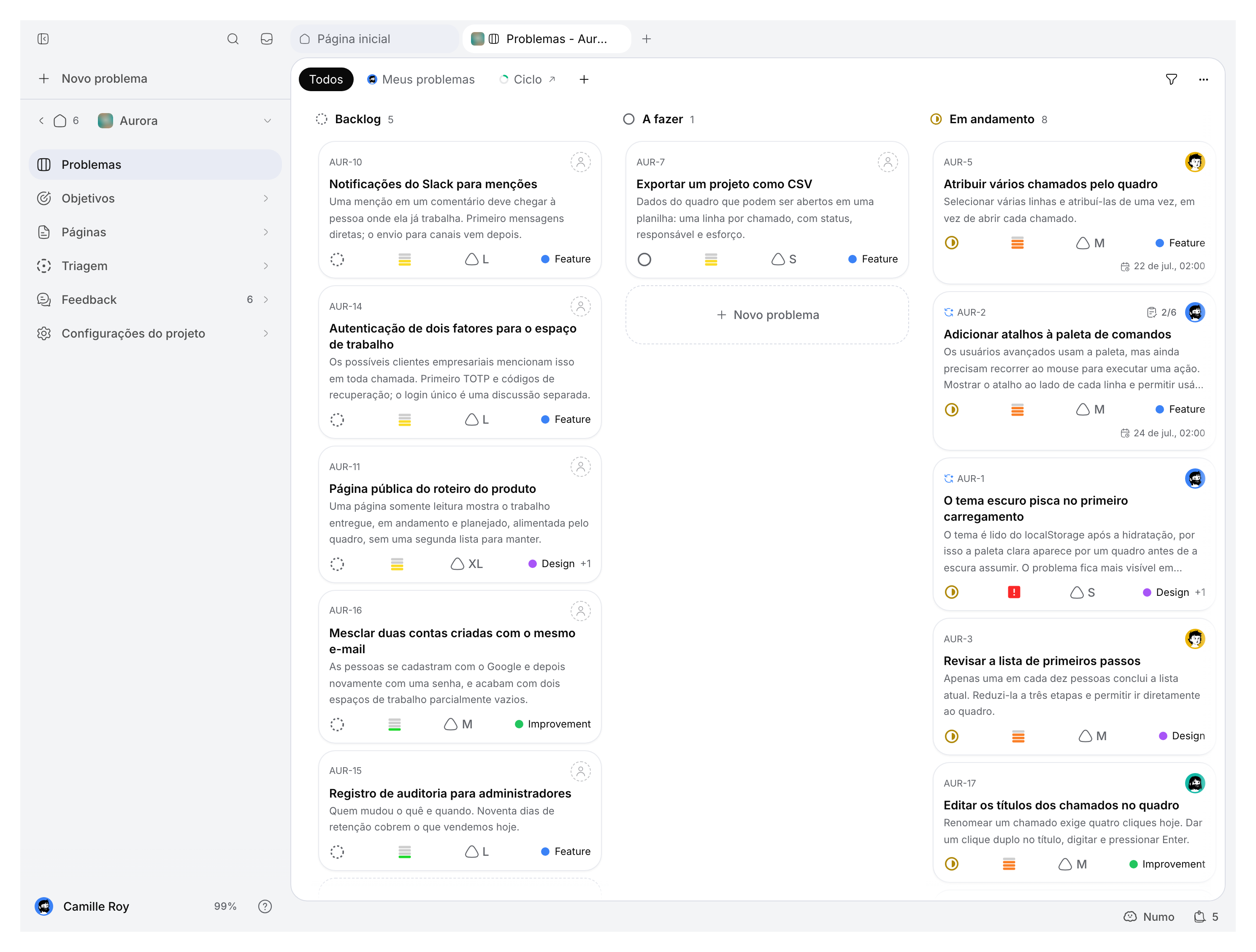 Navegação do projeto ao lado do quadro de tickets de demonstração.