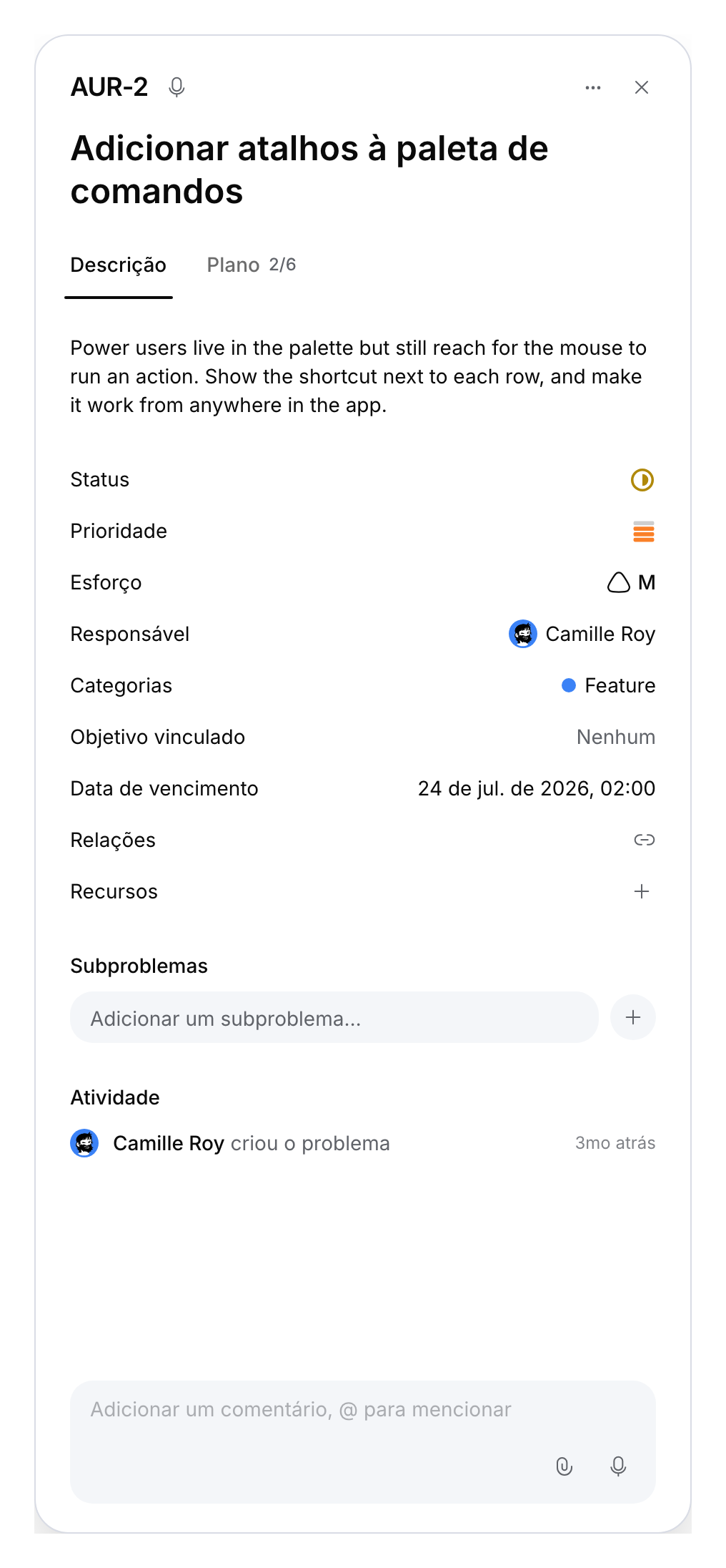 Campo de criação de um subticket em um ticket pai de demonstração.