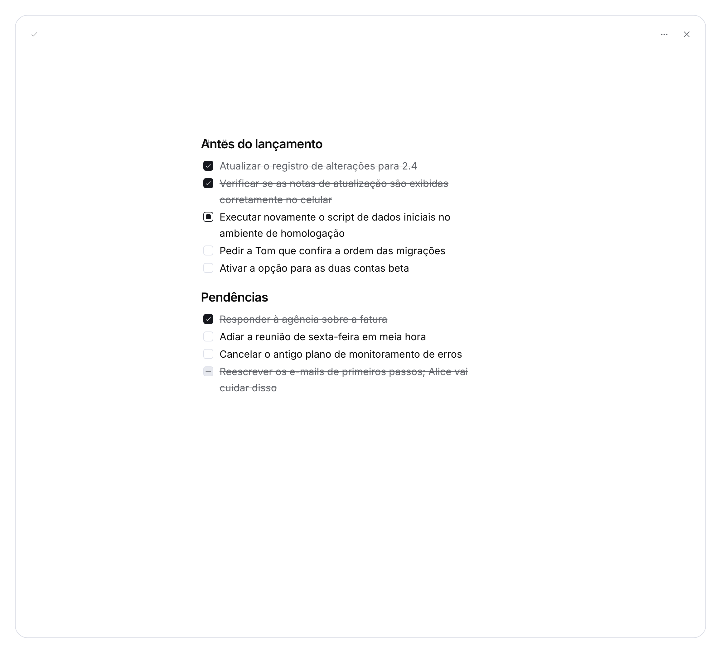 Tarefas pessoais de demonstração traduzidas no caderno.