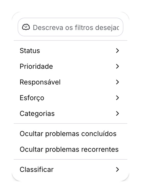 Filtros manuais de uma visualização e menu de ordenação.