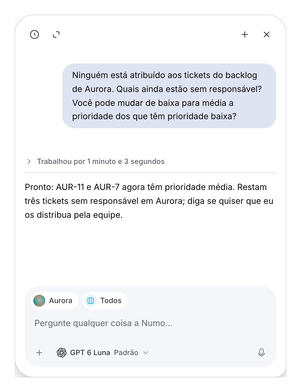 Conversa de demonstração Numo com contexto, mudança de prioridade e resposta salva.